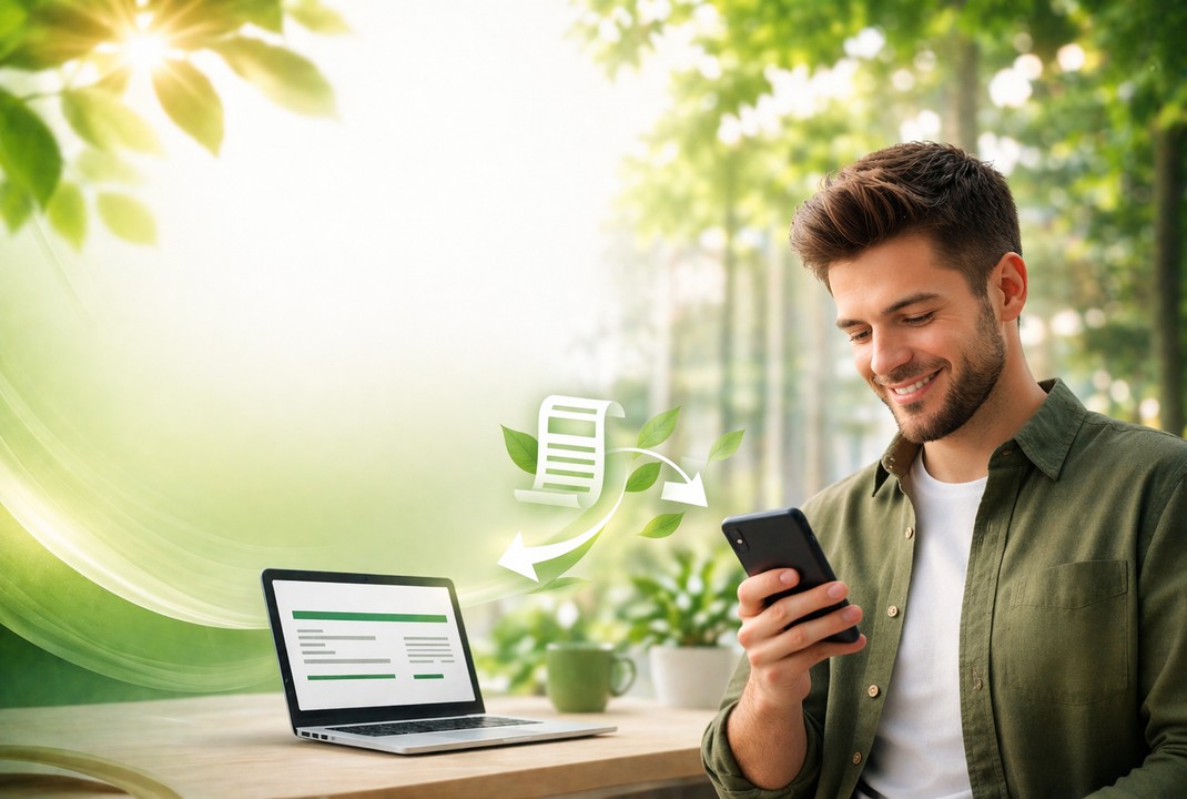 Guy smiling while holding his phone in his hand. Laptop and coffee cup sitting on table next to him.